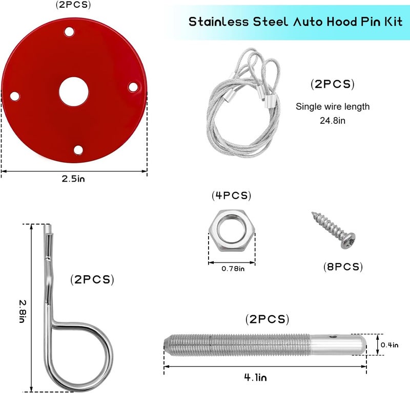 NYTKL 2 PCS Stainless Steel Car Hood Pins Kit, Quick Release Hood Cover Pin Lock Appearance Kit with Racing Lanyard, Universal Engine Bumper Bonnet Pin for Cars Trucks SUVs (Red) - Image 2